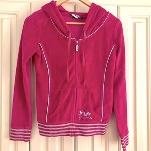 Fila Sport Pink Velour Zip Up Hooded Sweatshirt Jacket With Embellishments S